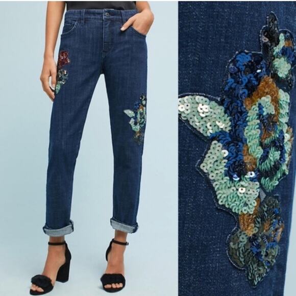 Pilcro & The Letterpress | Slim Boyfriend Sequin Patch Jeans Size 24 Petite - Picture 1 of 8